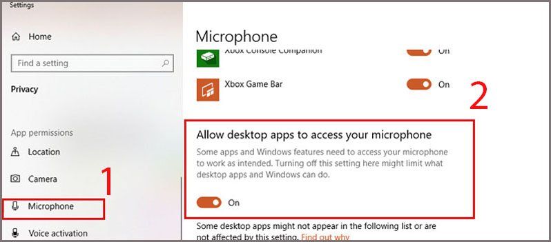 Nút chuyển trong 'Allow desktop apps to access your microphone' cũng được đặt thành 'On'.